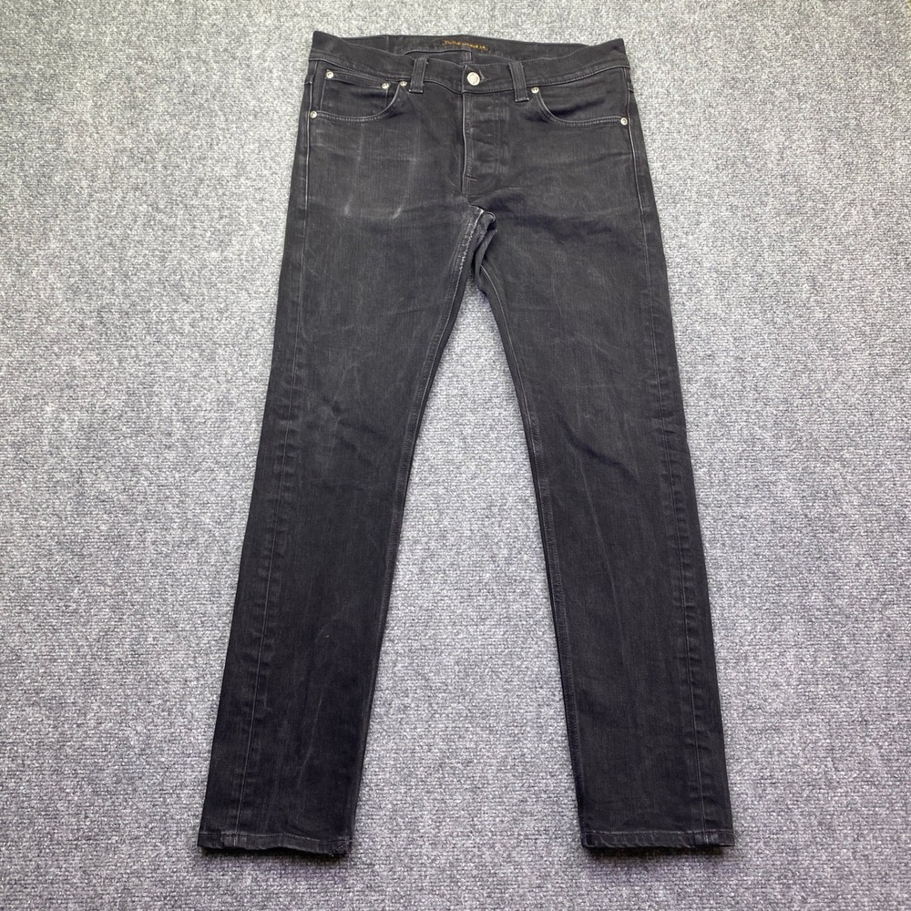 Nudie Jeans Co Grim Tim Dry Ever Black Mens 32 Button Fly Organic Cotton Denim